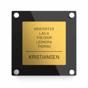 Elegant dørskilt med mørk gull forplate og svart blank akryl bakplate, avrundede hjørner og sølv avstandsstykker.
