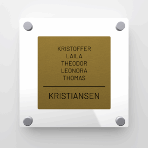 Elegant dørskilt med mørk gull forplate og hvit blank akryl bakplate, avrundede hjørner og sølv avstandsstykker.